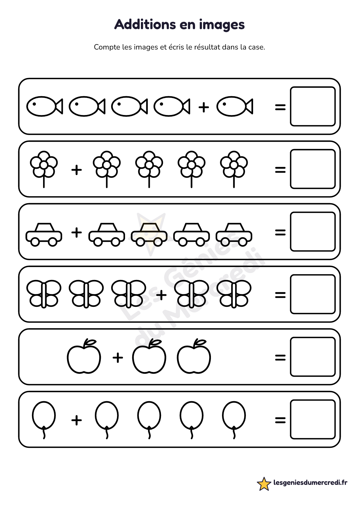 Fiche « Additions en images » à imprimer (Jusqu'à 5), maternelle moyenne section, grande section