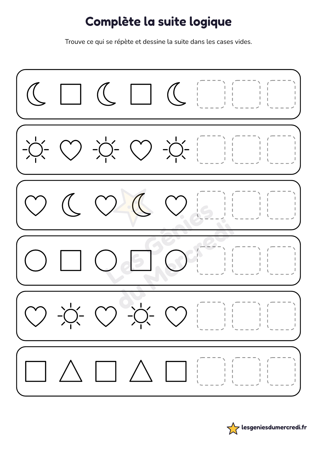 Fiche « Complète la suite logique » à imprimer (AB), maternelle petite section, moyenne section, grande section