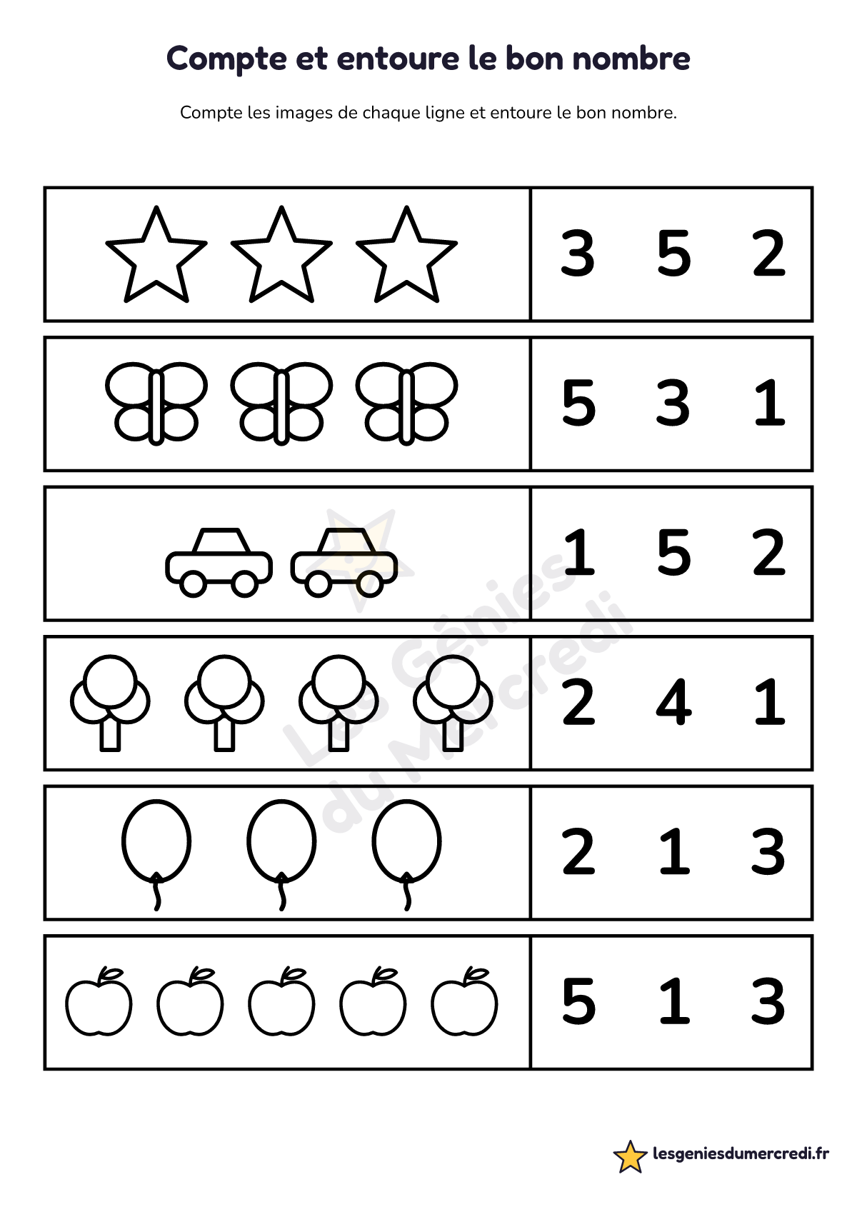 Fiche « Compte et entoure le bon nombre » à imprimer (Jusqu'à 5), maternelle moyenne section, grande section